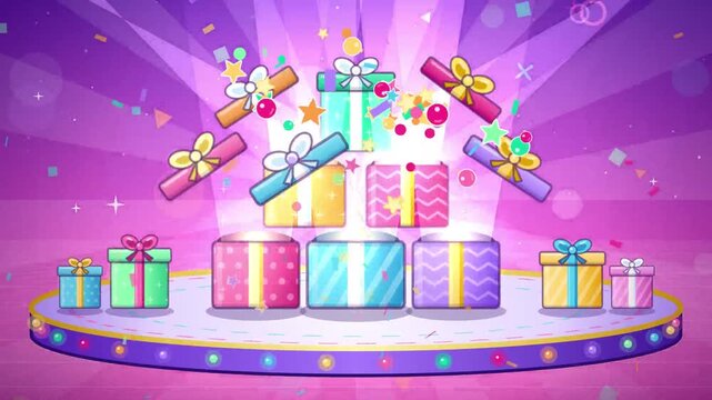 Colorful Christmas gift boxes opening with confetti, stars and ribbons burst, 4K loop
