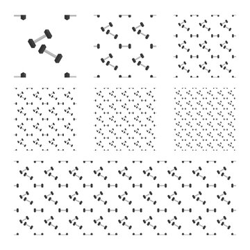 Minimalist seamless pattern featuring black and gray dumbbell illustrations on a white background, ideal for gym branding materials, fitness apparel, sports packaging, and workout-themed designs.