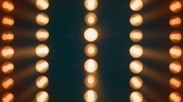 Bright glowing light bulbs aligned in vertical rows creating luminous patterns inside dark studio