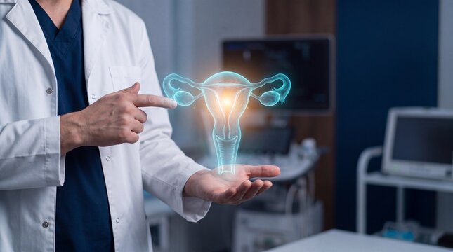 Doctor Presenting Digital Female Reproductive System for Gynecology and Fertility Health. Uterus and Ovary Health, Gynecological Care and Female Reproductive Medicine