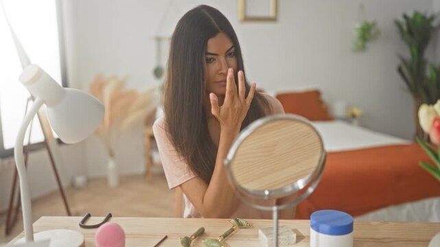 Young hispanic woman touching face with hand at round vanity mirror on bedroom dresser; self care calm wellness.