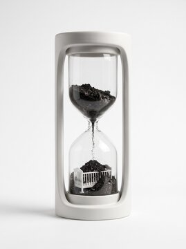 Modern white hourglass with dark soil falling onto miniature baby crib inside, declining birthrate and aging concept