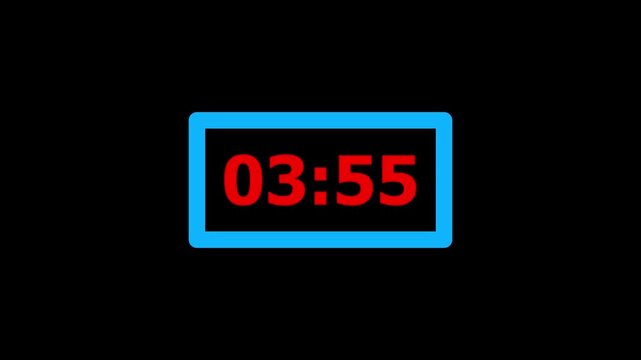 Red digits clock inside blue glowing frame on black background motion clip