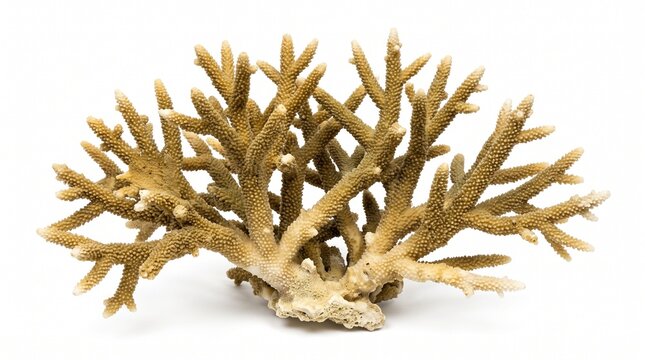 Acropora prolifera skeleton featuring intricate tubular calices displayed clearly against a bright white studio background.