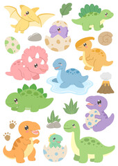 Obraz premium Dinosaurs, prehistoric creatures, baby hatchlings, volcano eruption, foliage suitable for children books, educational materials, presentations, and websites