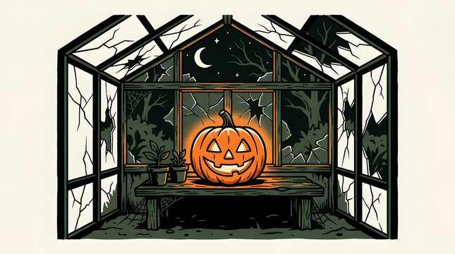 Glowing jack o lantern pumpkin inside a spooky broken glass greenhouse at night for halloween decor