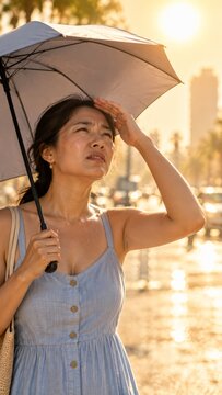 A woman holds an umbrella for shade while squinting beneath intense summer sunlight. Personal protection and adaptation during a heatwave