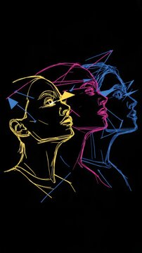 Abstract Neon Wireframe Human Face Profiles Overlay Graphic for Modern Meme Creation, Digital Art and Social Media Design