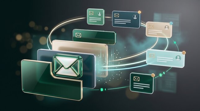 Professional email management interface with circular flow of messages and user profiles in 3d render for business communication strategies and digital team collaboration software tools