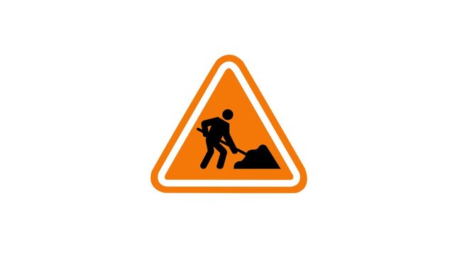 Roadwork construction sign vector icon with black silhouette of worker digging inside orange triangle warning travelers ahead