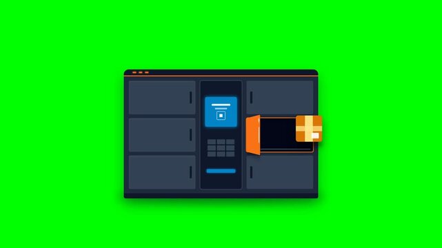 Automated parcel locker depositing package, animated graphic with central console and digital interface, on green screen background, symbolizing convenient delivery and modern logistics solutions.