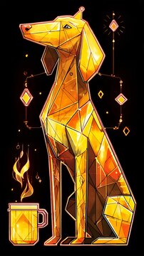 Geometric Stained Glass Dog with Coffee Mug Graphic Overlay for Relatable Morning Memes, Social Media Posts and Creative Art