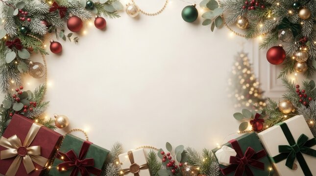 Decorative christmas border of fir branches and wrapped presents around empty space with central copy space