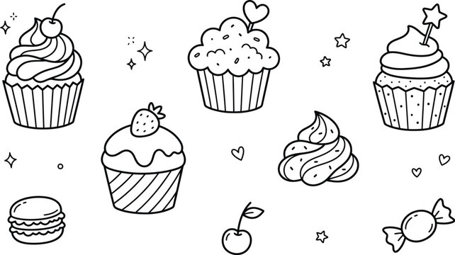 Cute hand drawn doodle dessert set sweet cupcakes, macarons, and candies line art collection black and white vector illustration