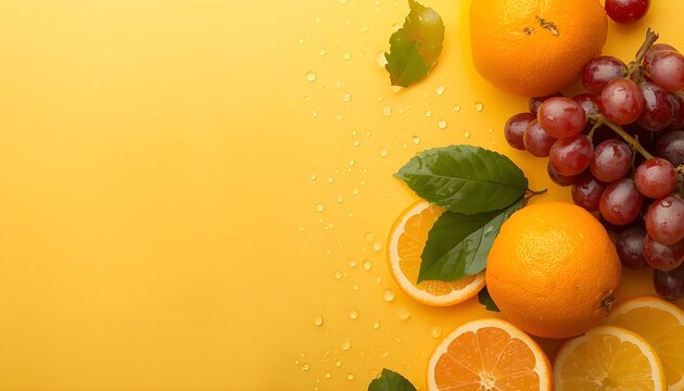 Fresh citrus fruits and grapes on a yellow bluured background with water droplets, concept helth and organic food, vitamin.
