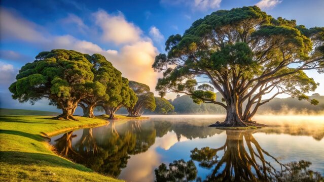 Ancient kauri trees stand sentinel beside a tranquil lake as morning mist veils the waitangi treaty grounds in paihia