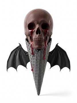 Chocolate skull ice cream scoop crying red syrup in black waffle cone with bat wings on white background, Halloween concept