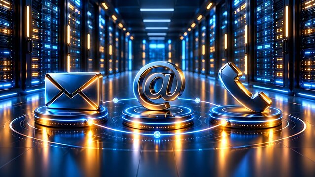 Glowing digital contact icons in modern server room representing IT support and technical customer service network