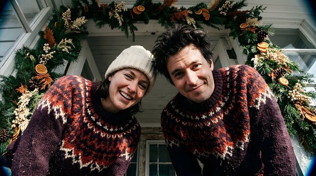Happy couple in matching winter sweaters looking down at camera under Christmas wreath