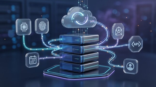 Abstract data center server rack with cloud computing network icons and glowing digital connectivity lines representing secure information storage and global internet infrastructure technology