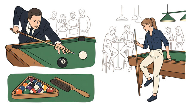 People Playing Billiards Snooker in Sports Club Vector Illustration Set   JPG