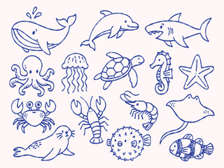 Cute Sea Animals Hand Drawn Doodle Collection with Whale, Dolphin, Shark, Octopus, Sea Turtle, Seahorse and Ocean Creatures © Febriana-Wulan