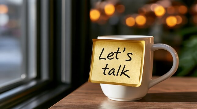 Let's Talk Note on Coffee Cup Beside Window in Cozy Cafe