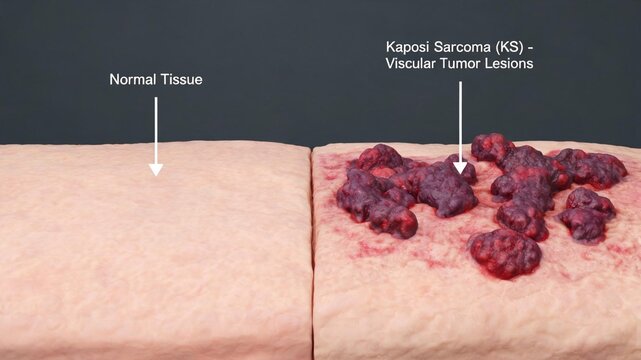 Kaposi Sarcoma (KS) 3D medical illustration, comparison view of normal human tissue and dark purple vascular tumor lesions, skin sarcoma pathology diagram