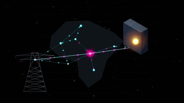 An isometric digital server rack connected to a glowing power grid network in space