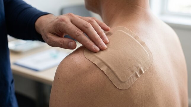 Doctor applying adhesive medical patch on patient shoulder in clinic room
