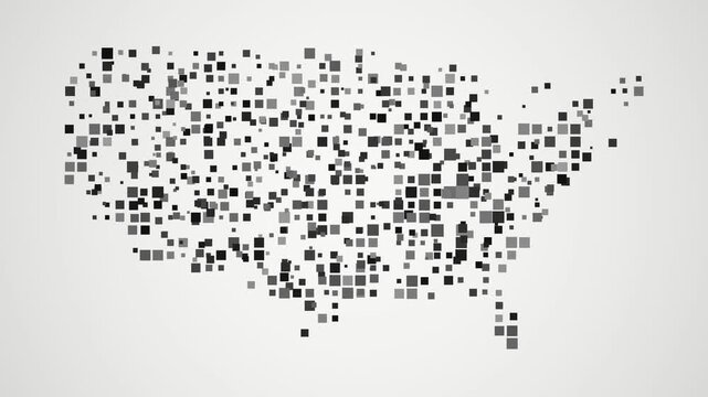 Assembling black and grey pixel map of USA seamless loop