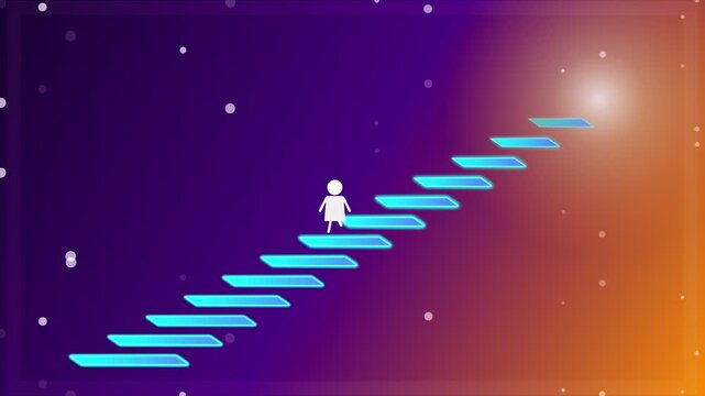 White figure walking up glowing stairs towards bright light success concept vector illustration