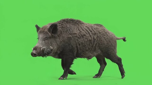 Wild Boar stiff legged trotting in place with its snout twitching and coarse dorsal bristles vibrating slightly.