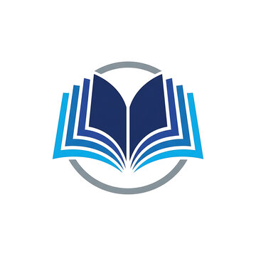 Open book logo design with blue pages and circular frame isolated on