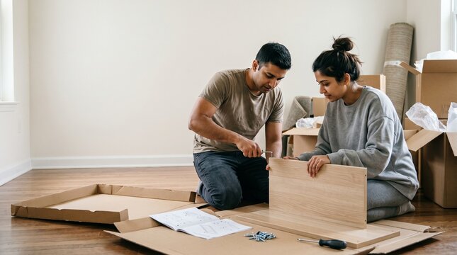 Indian couple assembling furniture in a new home