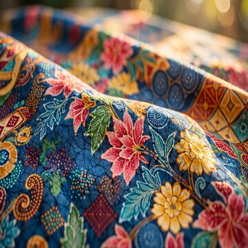 Vibrant tropical batik fabric with hibiscus plumeria flowers and monstera leaves flat lay