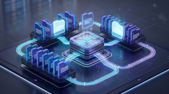 Central processing unit managing multiple digital file folders connected by glowing light trails on an integrated circuit board for high performance data handling in 3D technology art