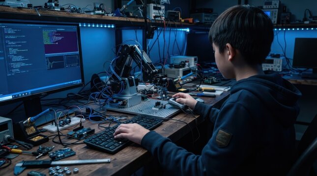 Young student programs a robotic arm at a computer workstation in an electronics lab
