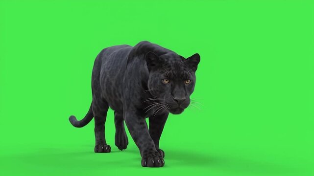 Black Panther stealthy crouch walk in place with sleek muscular ripples under its dark coat and an occasional menacing jaw opening.
