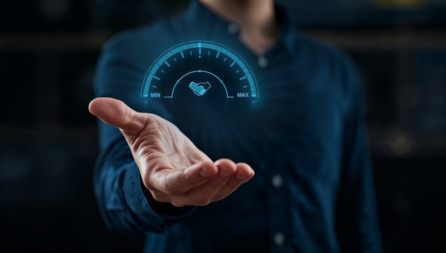 Businessman holding digital gauge with handshake icon representing maximum trust and partnership concept