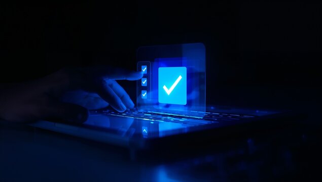 Close Up of Hand Pointing at Digital Check Mark Icon for Online Verification and Quality Assurance Concept
