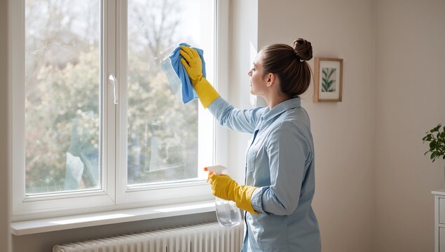 Young Woman Cleaning Glass Window Using Spray Bottle and Microfiber Cloth in Modern Bright Apartment