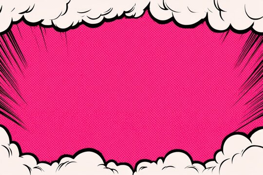 A vibrant pink comic-style background framed by white clouds and black radial lines, creating a dynamic pop-art visual effect.