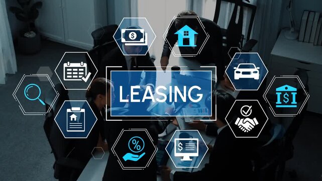 Professional Team Meeting with Leasing Concept and Icons Representing Financial Transactions, Contracts, and Services in Modern Office Environment. Entropy.