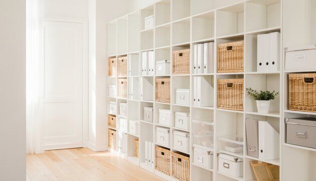 Bright, organized shelving unit with white and natural baskets, boxes, and files in a minimalist room with light wooden flooring and white walls.
