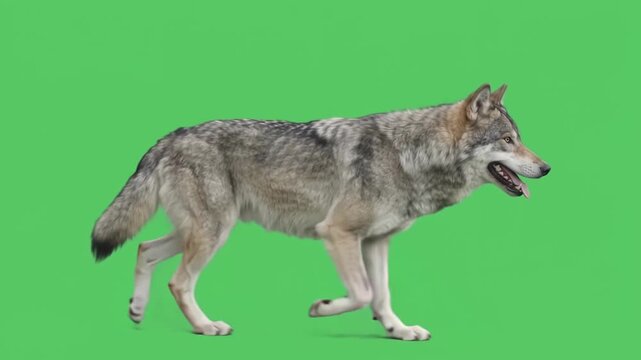Gray Wolf rhythmic trotting gait in place paired with natural panting and focused forward gaze.