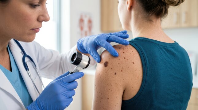 A dermatologist examines multiple moles on a patient's shoulder using a dermatoscope to check for skin abnormalities.