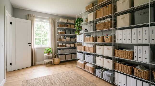 A bright, organized storage room with metal shelving filled with baskets, boxes, and labeled files, featuring a window and light wooden flooring.