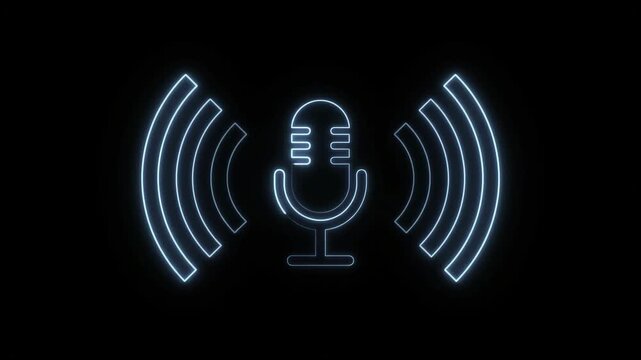 Modern neon microphone icon with wireless signal waves for podcasting