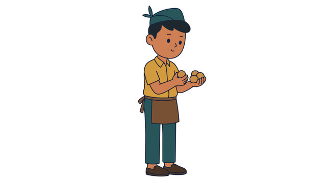 Shopkeeper counting small round objects in hands wearing a yellow shirt, brown apron, and green cap vector illustration isolated on white background